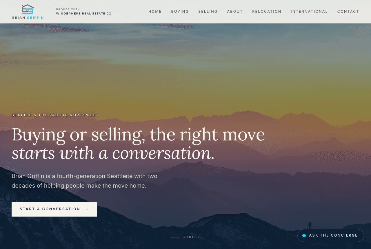 The griffin.realtor homepage, with the AI concierge bottom right