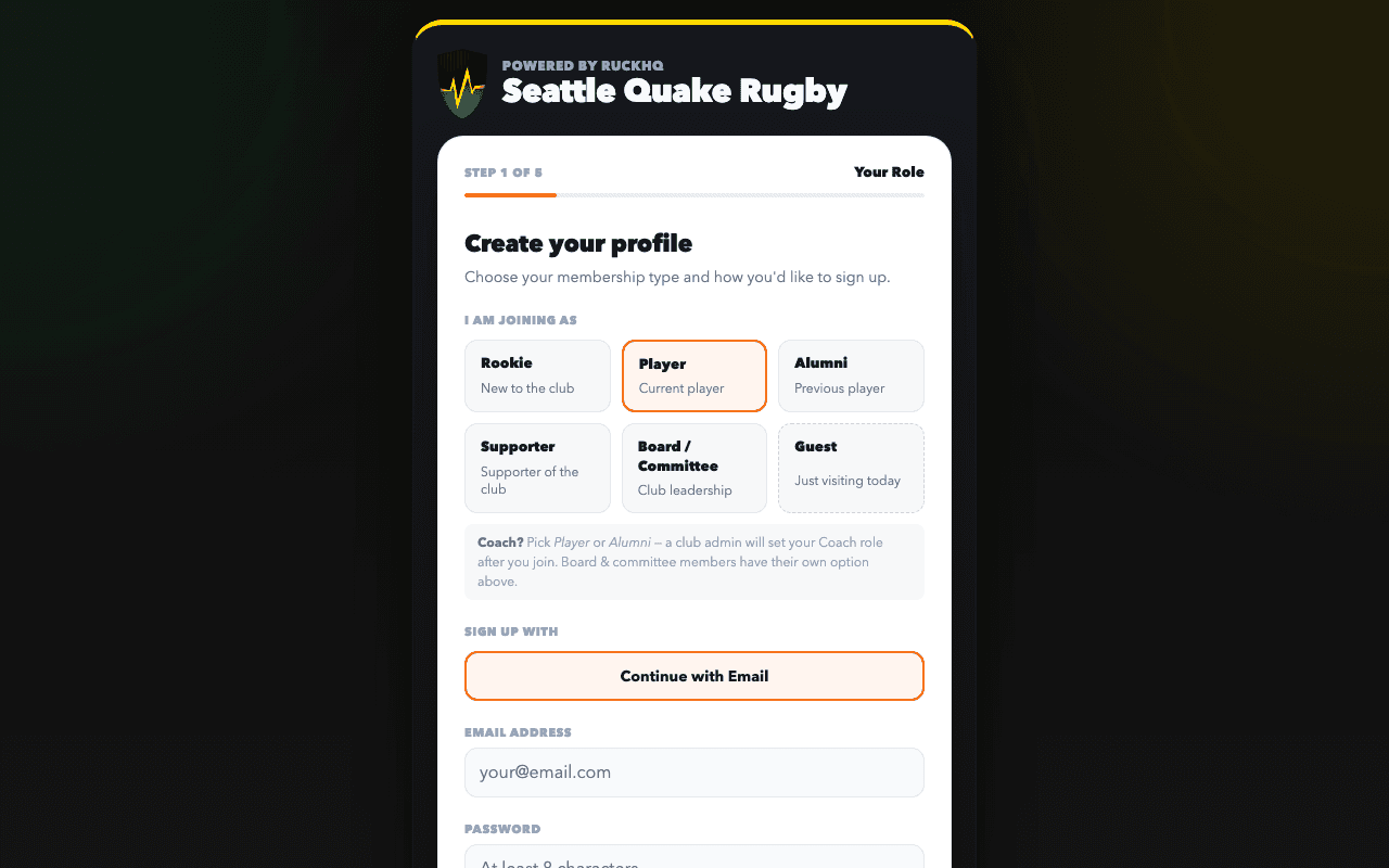 RuckHQ in production — step one of the join flow for Seattle Quake Rugby